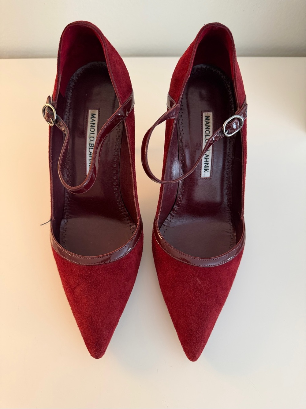 Manolo Blahnik Burgundy Suede Mary Jane Pointed Toe Pumps